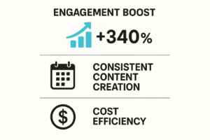 Statistics showing the benefits of AI avatars for TikTok marketing, including a 340% engagement boost, consistent content creation, and cost efficiency.
