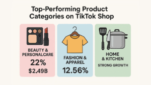 TikTok Shop top fashion trends showing women's clothing & underwear (12.56%), statement earrings, trendy tops, and plus-size fashion.