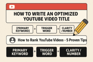 Formula for writing an optimized video title for YouTube SEO by combining the primary keyword, a trigger word, and a number.
