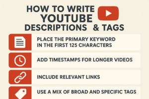 Best practices for writing YouTube SEO descriptions and tags, emphasizing primary keyword placement and using timestamps