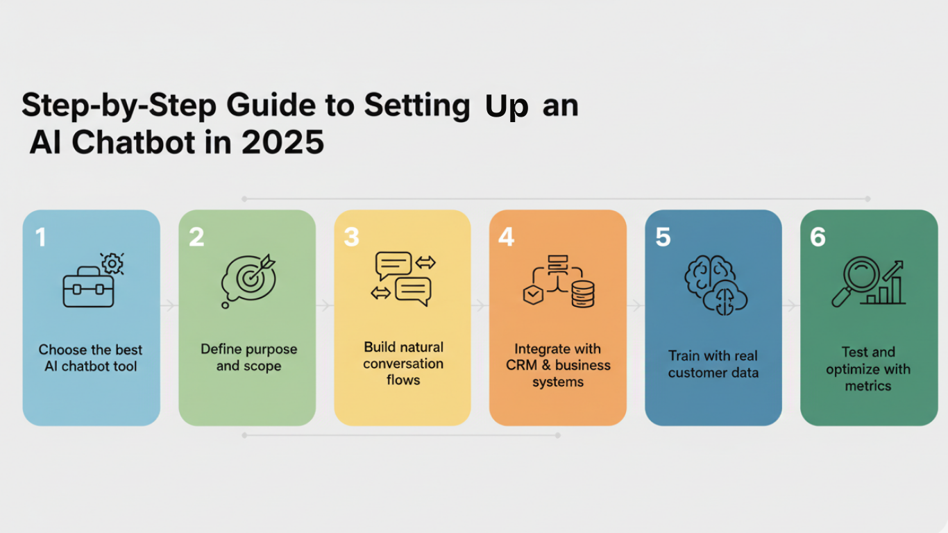 Infographic showing a 6-step guide to setting up an AI-powered chatbot in 2025, covering tool selection, CRM integration, and data training