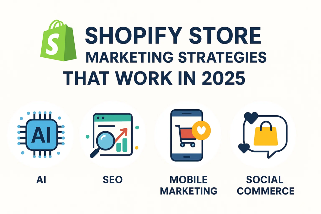 Infographic titled Shopify Store Marketing Strategies That Work in 2025, featuring icons for AI, SEO, mobile marketing, and social commerce