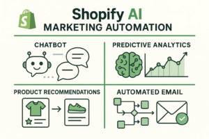Shopify AI marketing automation diagram showing chatbots, predictive analytics, product recommendations, and automated email workflows. 