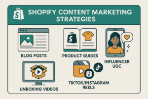 Shopify content marketing strategies guide showing blog posts, product guides, unboxing videos, and influencer UGC for TikTok and Reels.