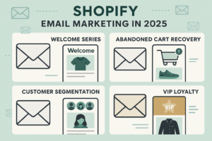 Shopify email marketing strategies for 2025 displaying welcome series, abandoned cart recovery, customer segmentation, and VIP loyalty emails.