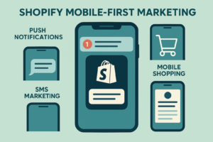 Mobile-first Shopify marketing strategies illustration featuring push notifications, SMS marketing, and mobile shopping app interfaces.