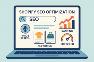 Shopify SEO optimization infographic illustrating voice search, keyword ranking, site speed, and search engine ranking factors.