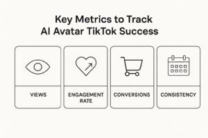 Chart displaying four key metrics to measure the success of AI avatars for TikTok marketing: Views, Engagement Rate, Conversions, and Consistency.