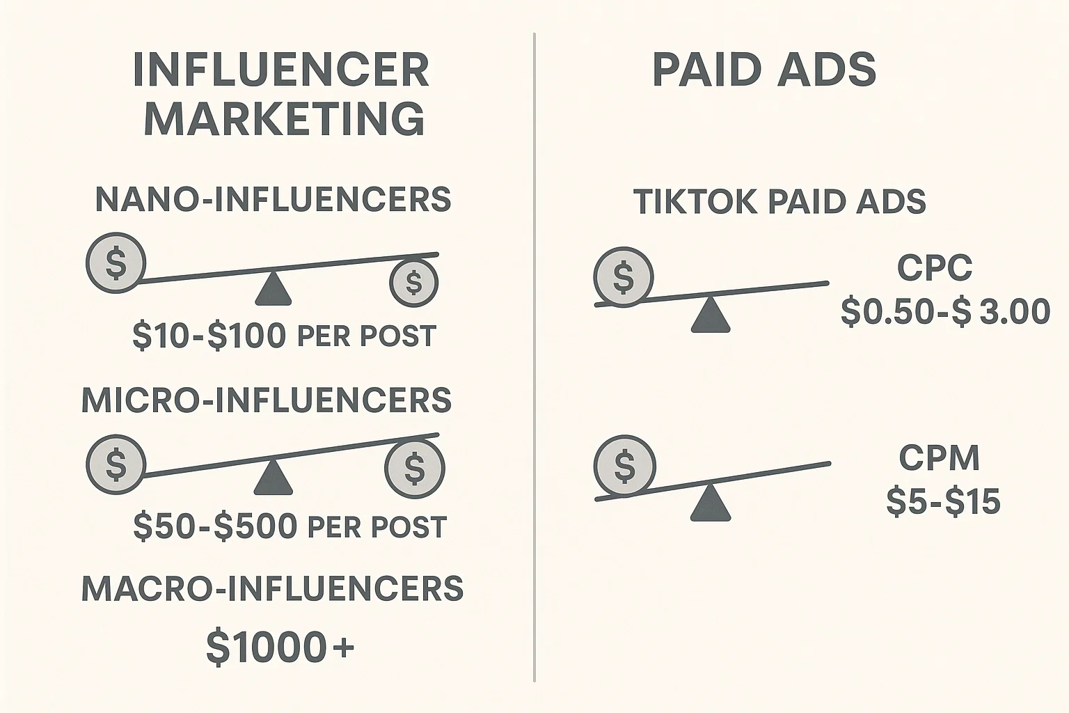 Cost comparison infographic displaying pricing for TikTok influencer marketing per post (Nano/Micro) versus CPC and CPM rates for TikTok paid ads.