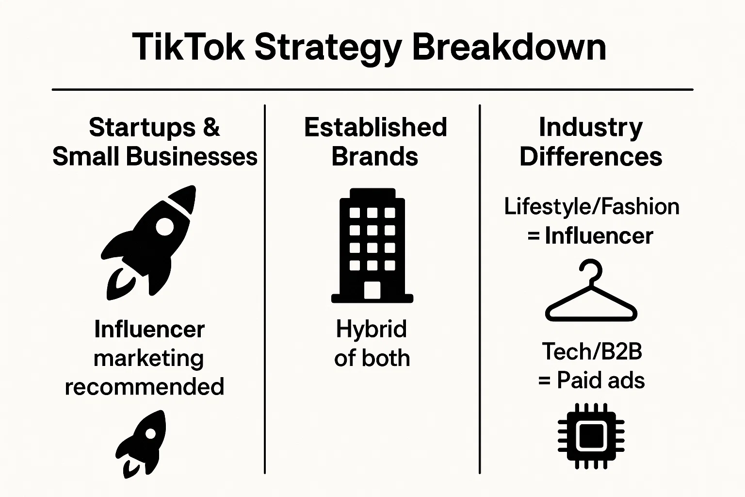 ikTok strategy breakdown recommending TikTok influencer marketing for startups and fashion brands, while established brands utilize a hybrid strategy. 