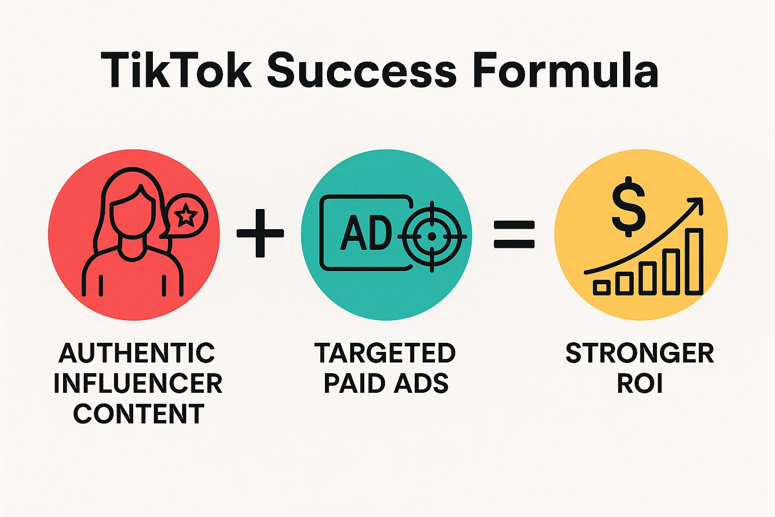  Infographic illustrating the TikTok success formula, showing how combining authentic TikTok influencer marketing content with targeted paid ads results in a stronger ROI.