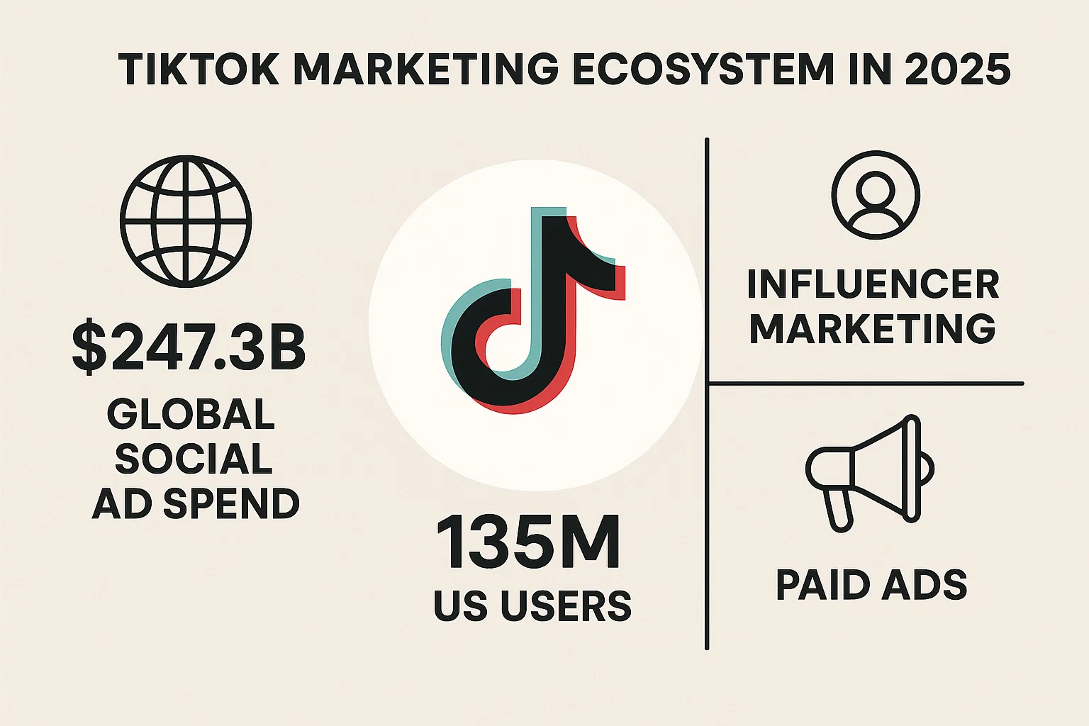 2025 TikTok marketing ecosystem statistics showing global ad spend and 135M US users, relevant for planning TikTok influencer marketing strategies.