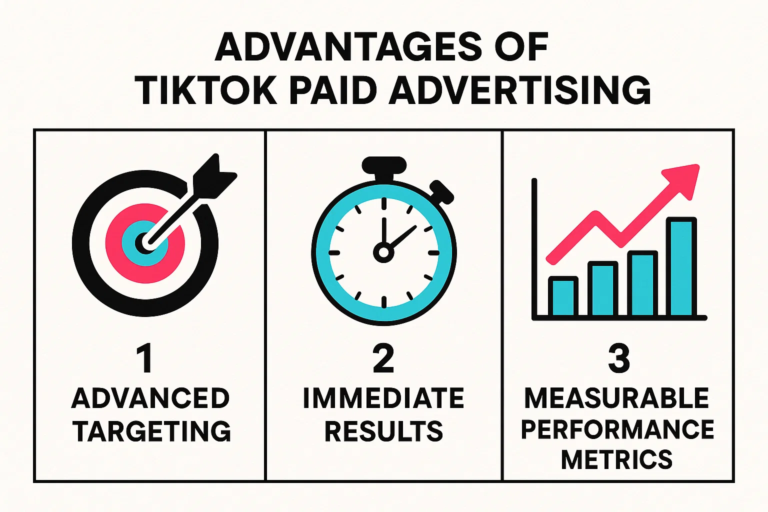 Infographic listing the advantages of paid ads—advanced targeting, immediate results, and measurable metrics—as a complement to TikTok influencer marketing.