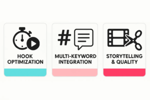 Three key factors for TikTok Shop SEO: hook optimization, multi-keyword integration, and storytelling & quality content for ranking on TikTok