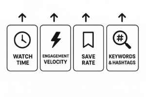 Metrics influencing TikTok Shop SEO performance: watch time, engagement velocity, save rate, and effective use of keywords & hashtags for search ranking.