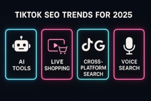 Infographic on TikTok SEO trends for 2025: AI tools, live shopping, cross-platform search, and voice search, relevant for TikTok Shop optimization