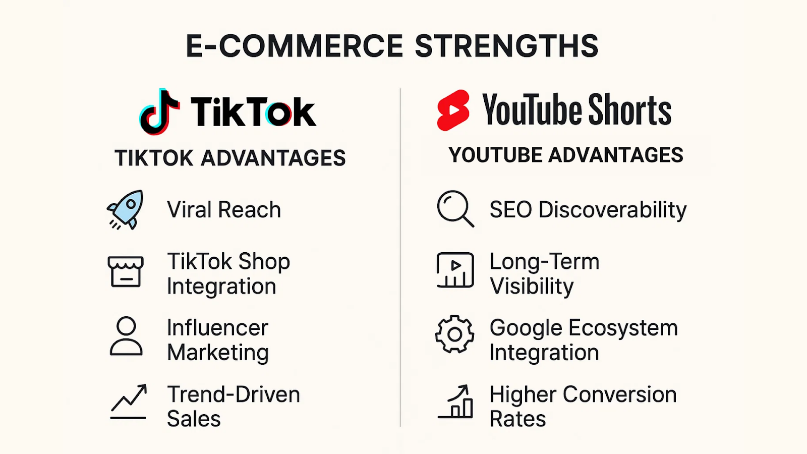 List of e-commerce strengths for TikTok including TikTok Shop and influencer marketing vs YouTube advantages like SEO discoverability and Google ecosystem integration.