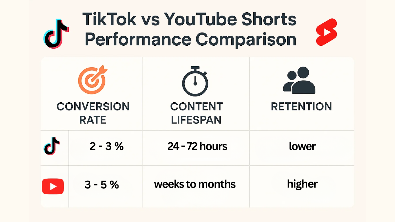 Comparison table of TikTok vs YouTube Shorts performance metrics: TikTok has 2-3% conversion rates and 72-hour lifespan; YouTube has 3-5% conversion rates and months of visibility.