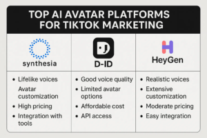 Comparison table of top platforms for creating AI avatars for TikTok marketing, listing features and pros for Synthesia, D-ID, and HeyGen.