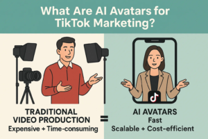 Infographic comparing traditional video production costs against AI avatars for TikTok marketing, highlighting that AI is fast, scalable, and cost-efficient.