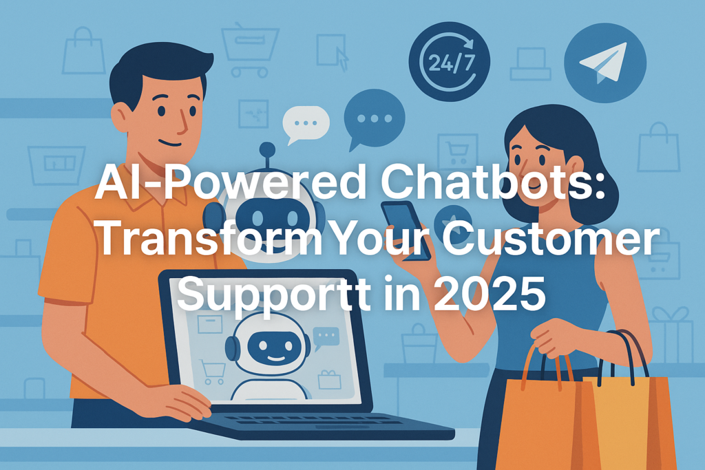 An illustration of a man and woman using digital devices, highlighting how an AI-powered chatbot can transform customer support in 2025.