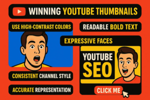 Guide to designing high-click-through rate thumbnails for YouTube SEO using high-contrast colors, bold text, and expressive faces.
