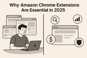 Illustration of a seller analyzing data on a laptop, explaining why Amazon Chrome Extensions are essential in 2025 for research, security, and profit analysis