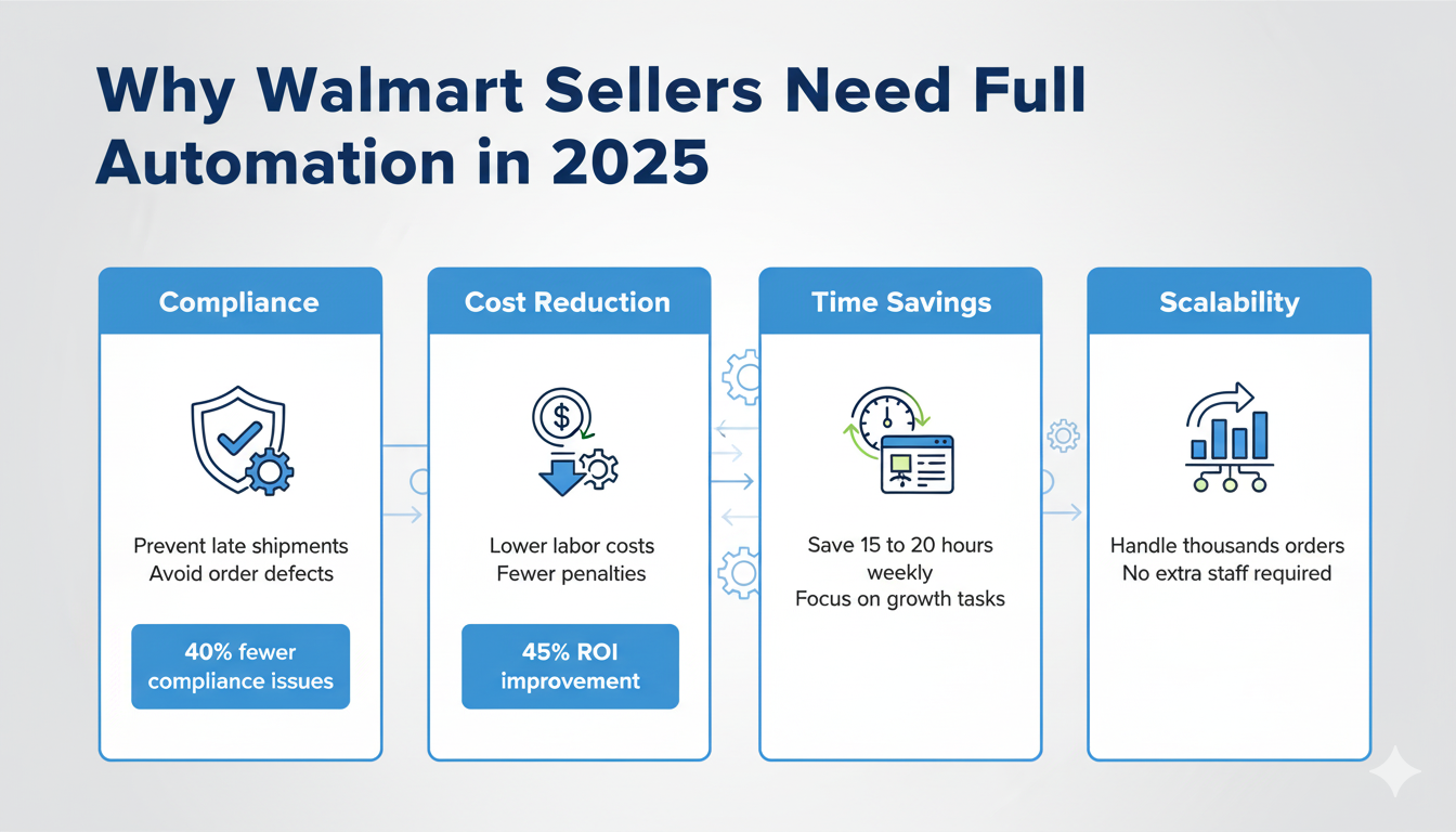 Benefits of Walmart marketplace automation in 2025 including compliance protection, cost reduction, time savings, and scalable order management