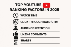 List of the top YouTube SEO ranking factors in 2025, including watch time, CTR, audience retention, and shares.