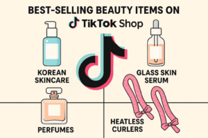 Best-selling beauty items on TikTok Shop: Korean skincare, Glass Skin serum, perfumes, and heatless curlers.