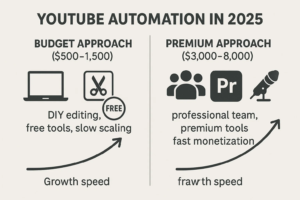 Comparison of YouTube automation approaches: Budget Approach ( 500 − 1 , 500 ) w i t h D I Y e d i t i n g a n d f r e e t o o l s f o r s l o w s c a l i n g , v e r s u s P r e m i u m A p p r o a c h ( 500−1,500)withDIYeditingandfreetoolsforslowscaling,versusPremiumApproach( 3,000-8,000) with a professional team and premium tools for fast monetization.
