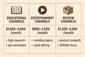Breakdown of YouTube automation costs by channel type: Educational Channels ( 1 , 500 − 4 , 000 / m o n t h ) , E n t e r t a i n m e n t C h a n n e l s ( 1,500−4,000/month),EntertainmentChannels( 800-2,500/month), and Review Channels ($1,200-3,500/month), with key cost drivers for each.