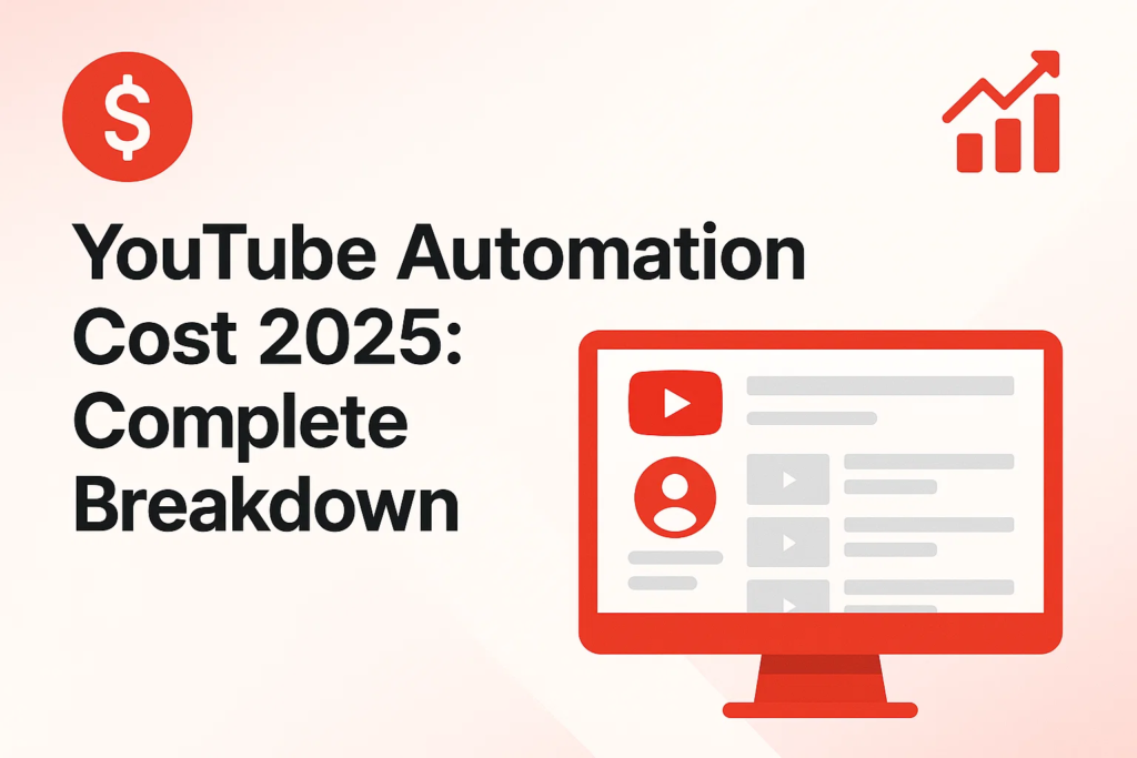 Title slide for "YouTube Automation Cost 2025: Complete Breakdown" with a dollar sign icon and a computer screen showing YouTube channel elements, indicating a guide to managing YouTube expenses.