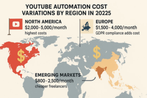 Map showing YouTube automation cost variations by region in 2025, with North America ( 2 , 000 − 5 , 000 / m o n t h ) , E u r o p e ( 2,000−5,000/month),Europe( 1,500-4,000/month), and Emerging Markets ($800-2,500/month) highlighted for YouTube content creators.