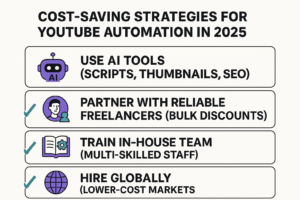  List of cost-saving strategies for YouTube automation in 2025, including using AI tools for scripts, thumbnails, and SEO, partnering with freelancers, training in-house teams, and hiring globally for lower costs.