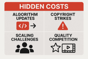 Infographic detailing hidden costs in YouTube automation, such as algorithm updates, copyright strikes, scaling challenges, and quality competition for video production.