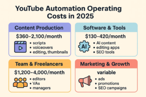 YouTube automation operating costs in 2025, categorized by Content Production ( 130-420/month), Team & Freelancers ($1,200-4,000/month), and Marketing & Growth (variable).