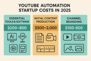 YouTube automation startup costs in 2025, covering Essential Tools & Software ( 200 − 800 ) , I n i t i a l C o n t e n t P r o d u c t i o n ( 200−800),InitialContentProduction( 500-2,000), and Channel Branding ($100-500) for new YouTube channels.