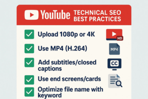 Checklist of YouTube technical SEO best practices, covering 4K uploads, MP4 formats, closed captions, and file name optimization.