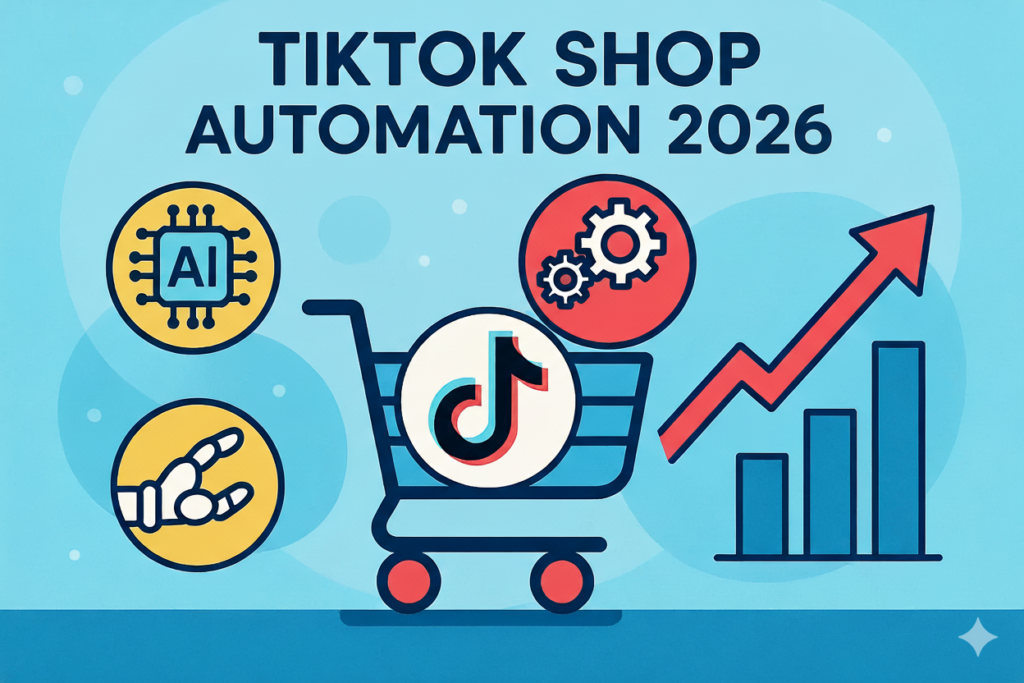 Illustration depicting TikTok Shop automation for 2026, featuring AI chips, a shopping cart with the TikTok logo, robotic arm, gears, and an upward trending bar graph.