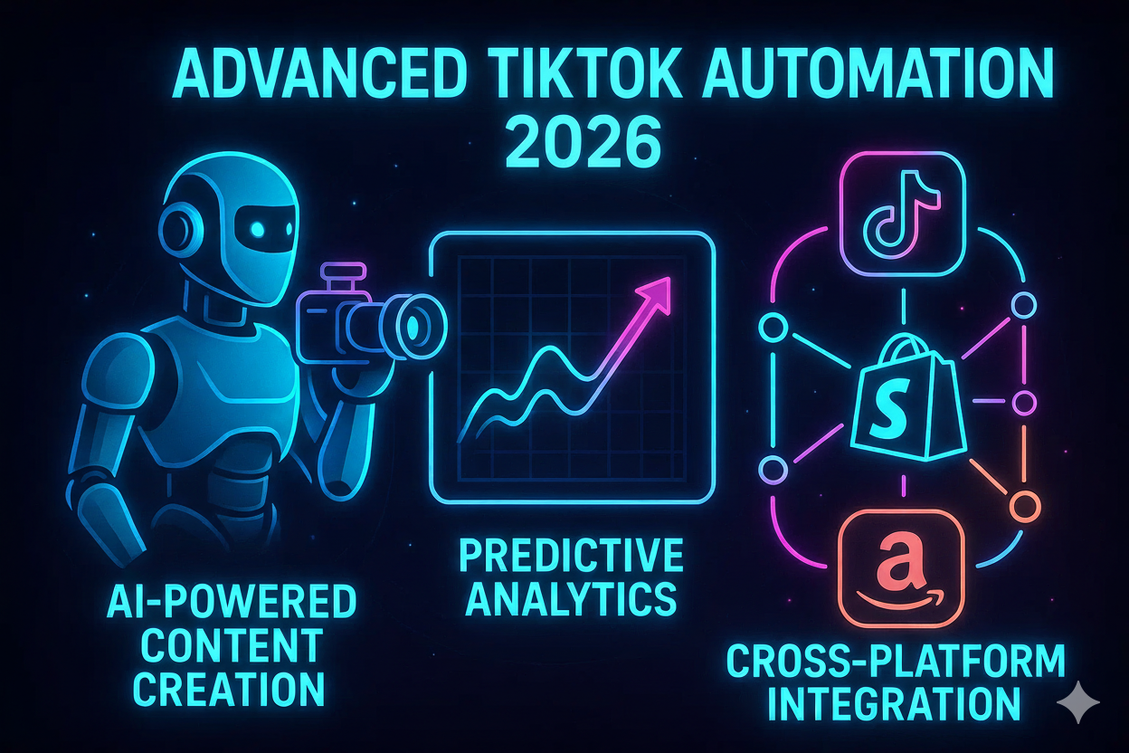 Futuristic infographic on Advanced TikTok Automation 2026, showing an AI-powered robot for content creation, a graph representing predictive analytics, and cross-platform integration icons for TikTok, Shopify, and Amazon.