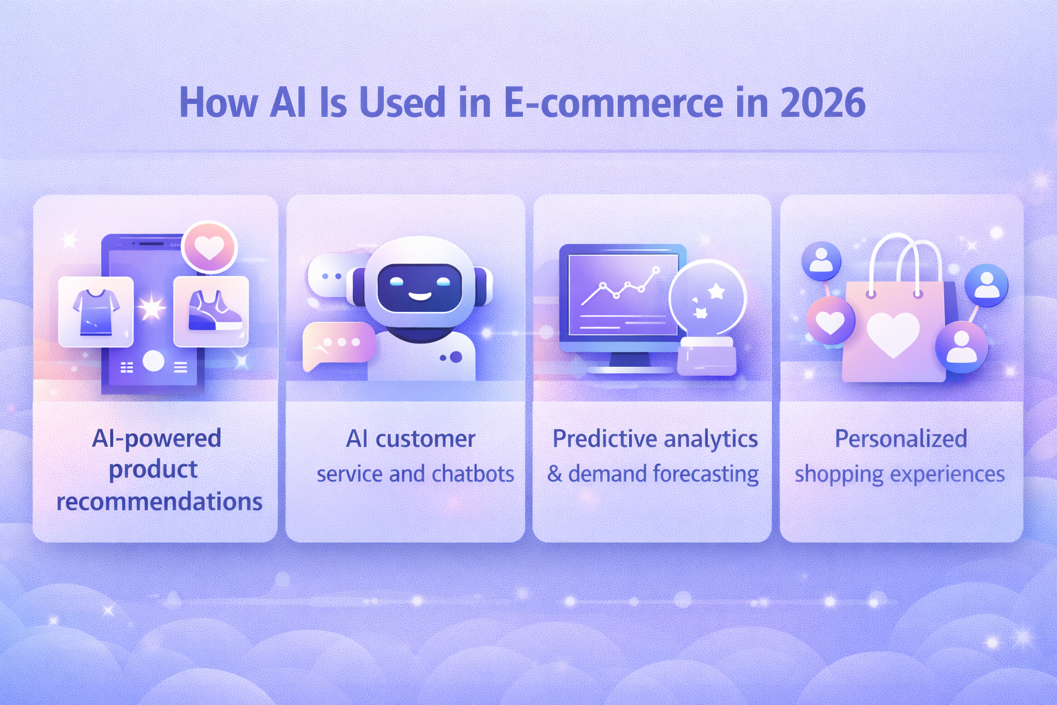  Horizontal infographic showing AI use in e-commerce 2026 including personalization and customer support 