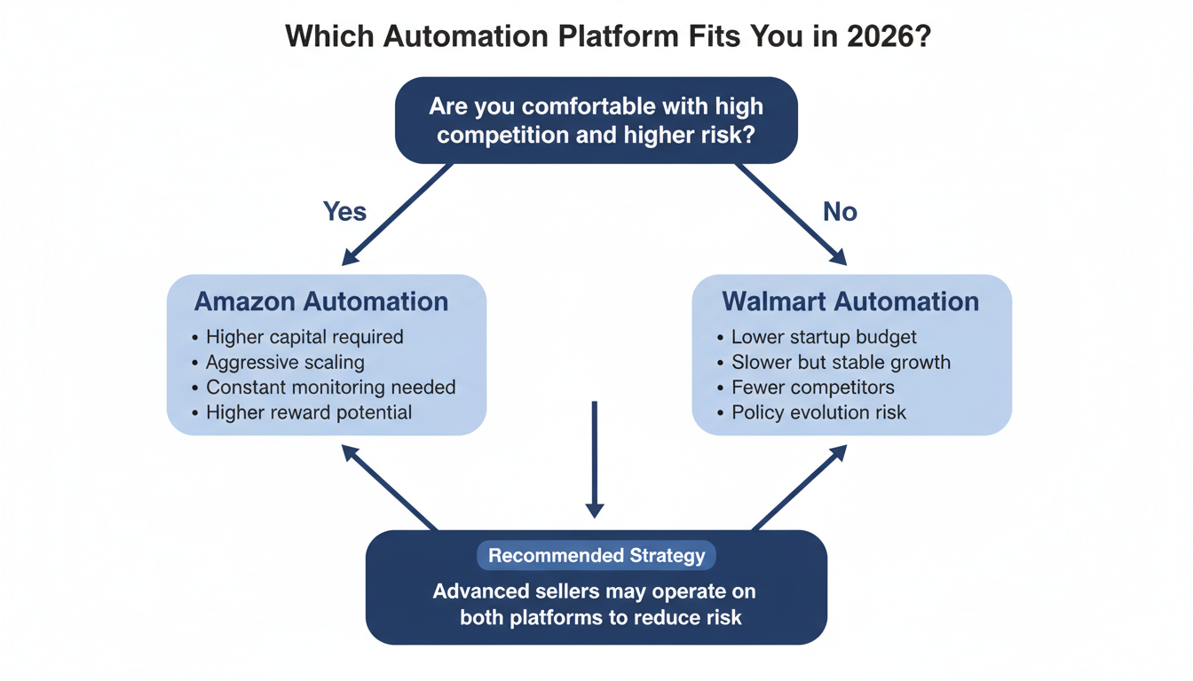 Decision flow infographic helping sellers choose Walmart or Amazon automation based on risk tolerance in 2026
