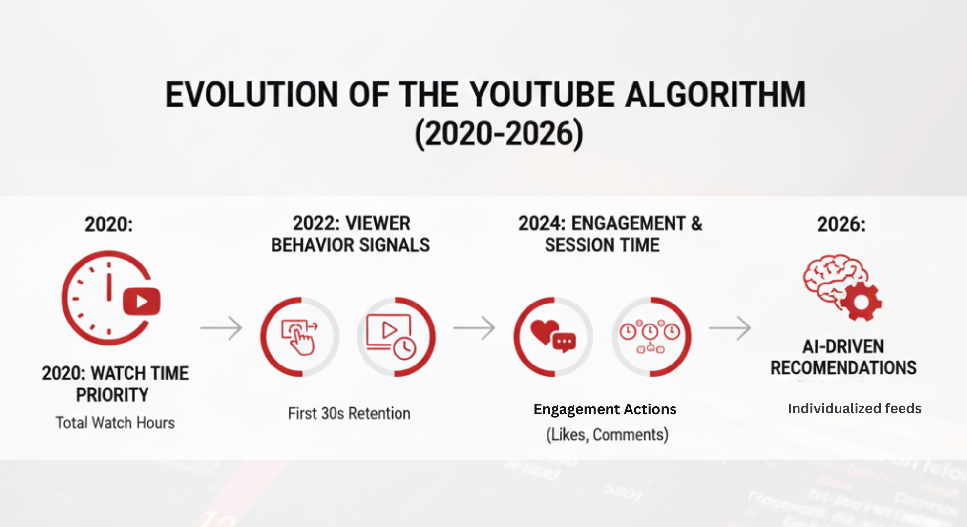 Timeline of the Evolution of the YouTube Algorithm (2020-2026), showing the shift from Watch Time priority to 2026 AI-Driven Recommendations and individualized feeds.