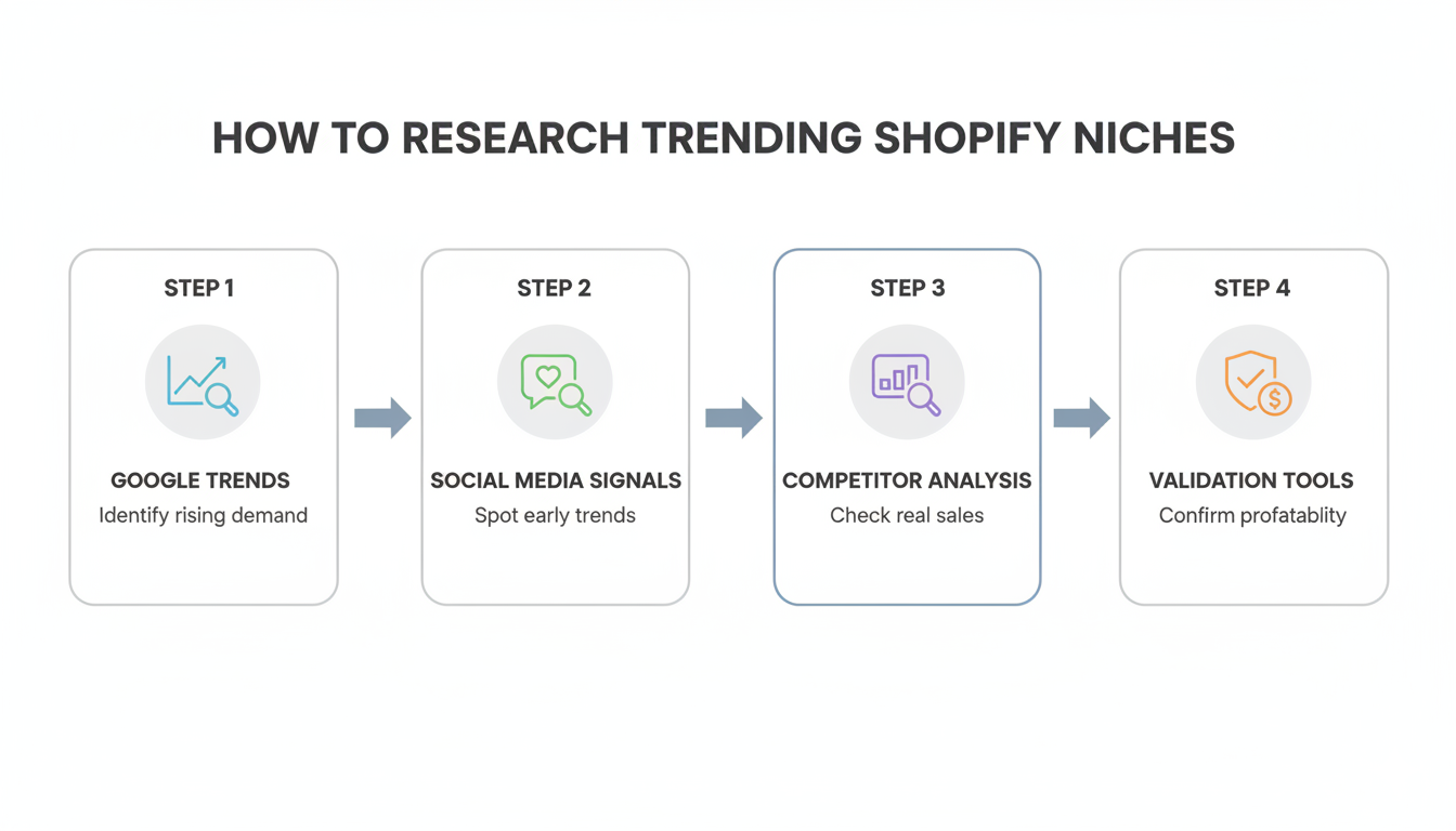 How to research trending Shopify niches 2026 infographic using Google Trends social media and competitor analysis