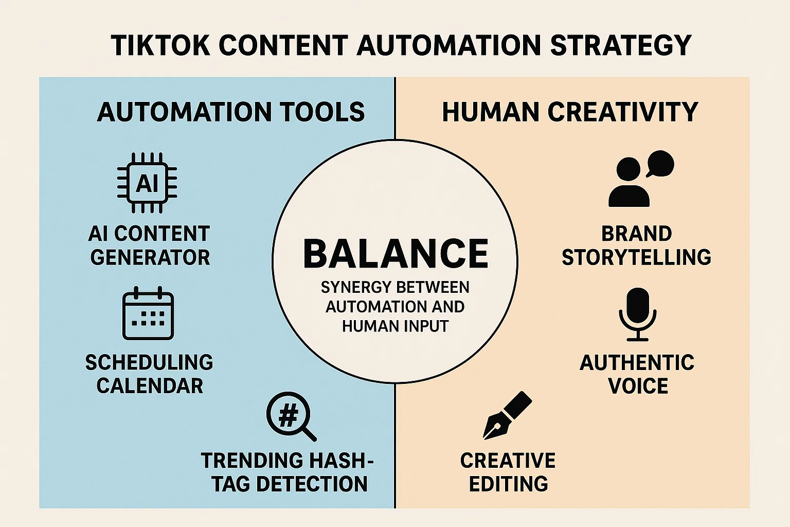 Infographic outlining TikTok Content Automation Strategy, balancing Automation Tools (AI content generator, scheduling calendar, trending hashtag detection) and Human Creativity (brand storytelling, authentic voice, creative editing).