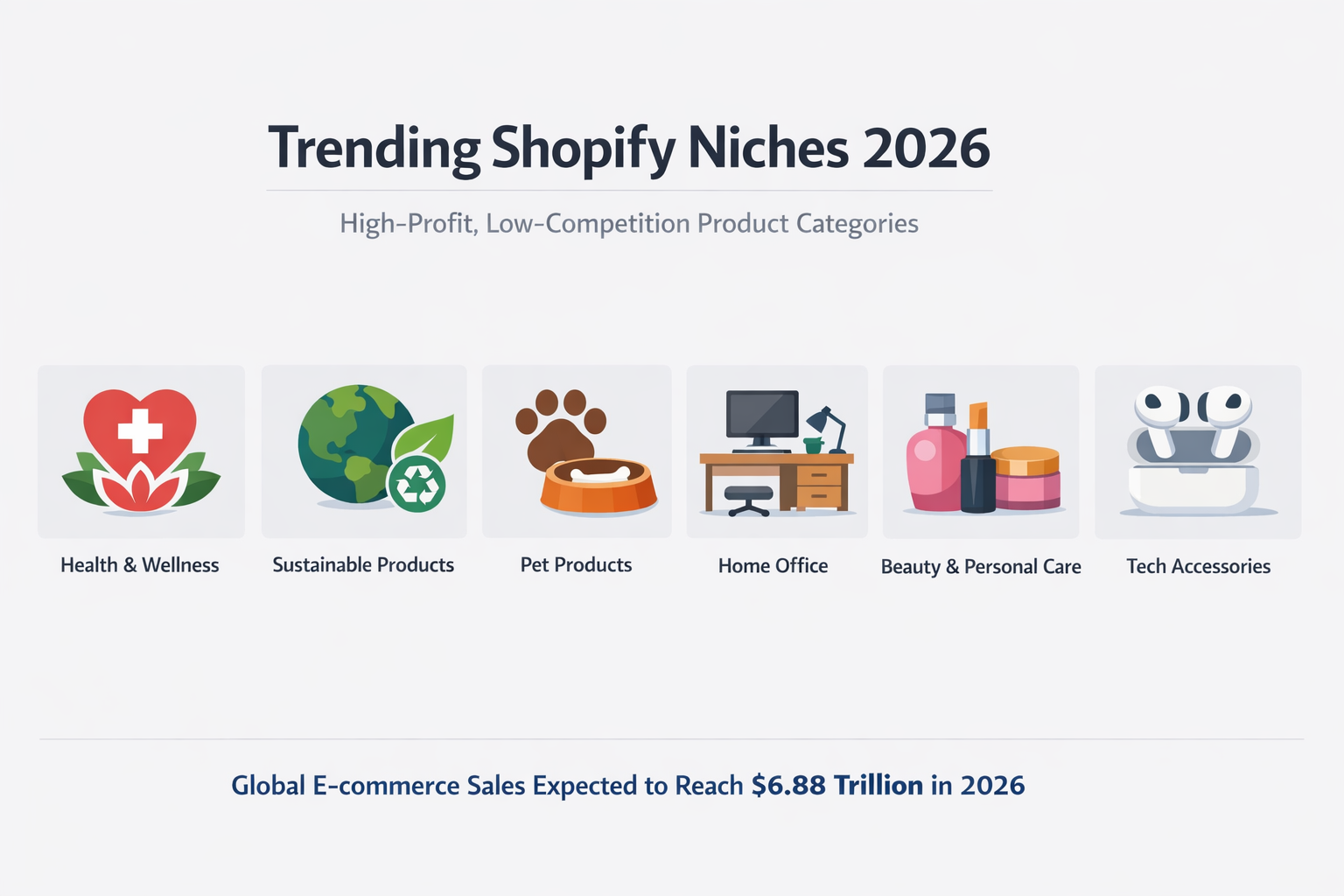 Trending Shopify niches 2026 hero infographic showing high profit low competition ecommerce product categories