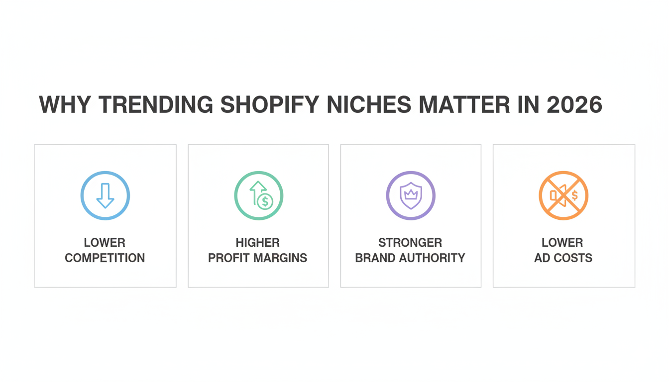 Why trending Shopify niches matter in 2026 infographic explaining profit margins brand authority and lower competition