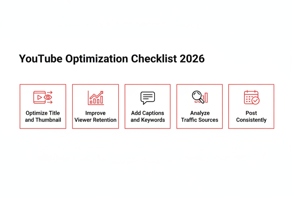 YouTube Optimization Checklist 2026 infographic outlining five steps to boost organic reach: optimize title and thumbnail, improve viewer retention, add captions and keywords, analyze traffic sources, and post consistently.
