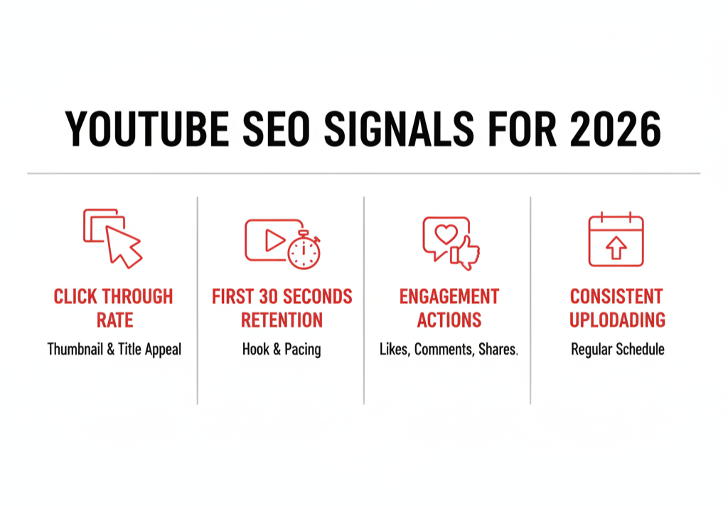 Key YouTube SEO signals for 2026 listing four ranking factors: Click Through Rate (CTR) via thumbnail appeal, first 30 seconds retention, engagement actions like comments, and consistent uploading schedules.